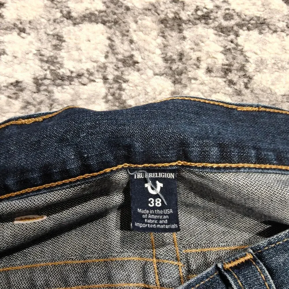 True Religion Ricky Relaxed Straight Jeans Men's 38 Flap Pocket Distressed Blue